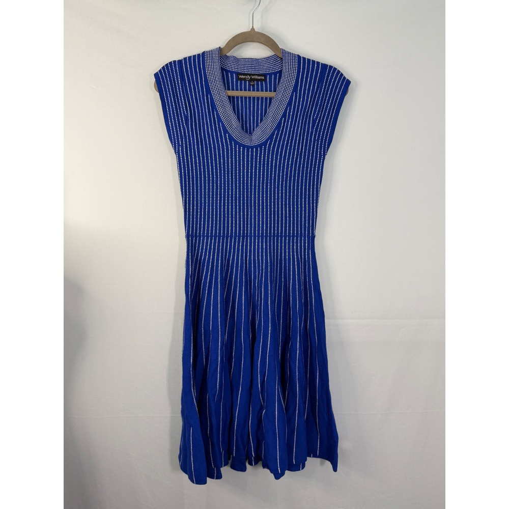 Wendy Williams Sweater Dress Womens Small‎ Royal Blue Striped Fit Flare V-Neck